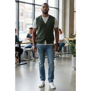 Eddie Bauer Sweater Mens Large Cardigan Vest Button Up Olive UK Cotton Vintage